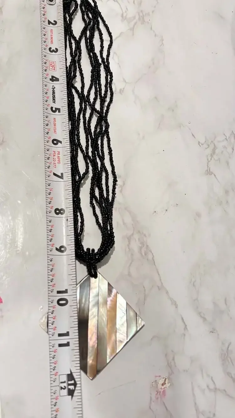 Vintage Multi-Strand Black Seed Necklace Inlaid Mother of Pearl